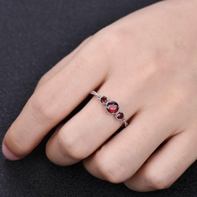 2.20 Ct Round Cut Red Garnet Three-Stone Anniversary Gift Ring In 925 Sterling Silver