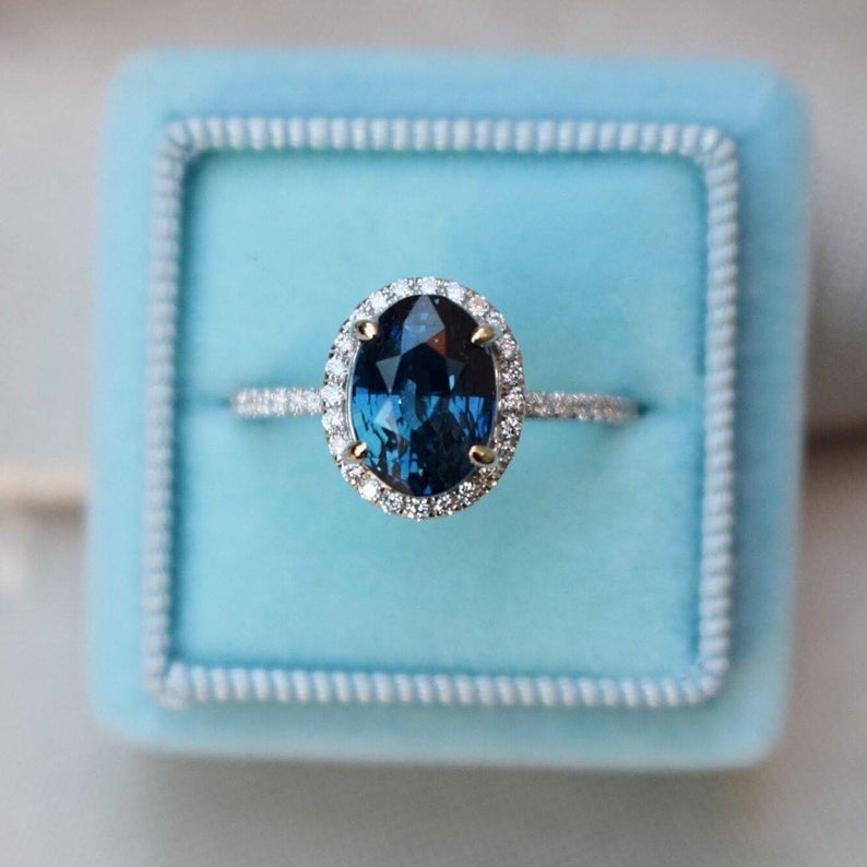 1 CT Oval Cut Blue sapphire Diamond 925 Sterling Silver Halo Anniversary Gift For Her
