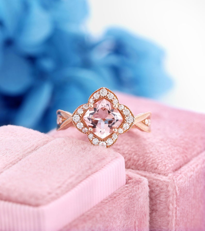 1 CT Cushion Cut Morganite Diamond Rose Gold Over On 925 Sterling Silver Halo Twisted Anniversary Ring