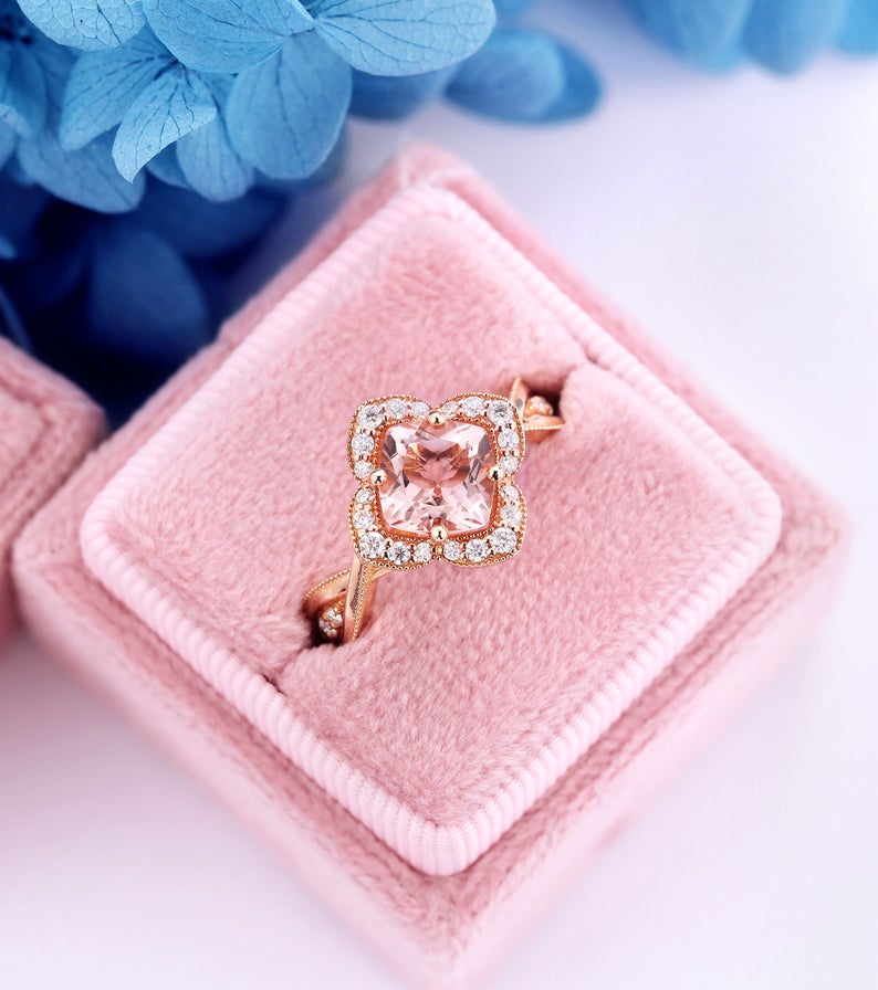 1 CT Cushion Cut Morganite Diamond Rose Gold Over On 925 Sterling Silver Halo Twisted Anniversary Ring