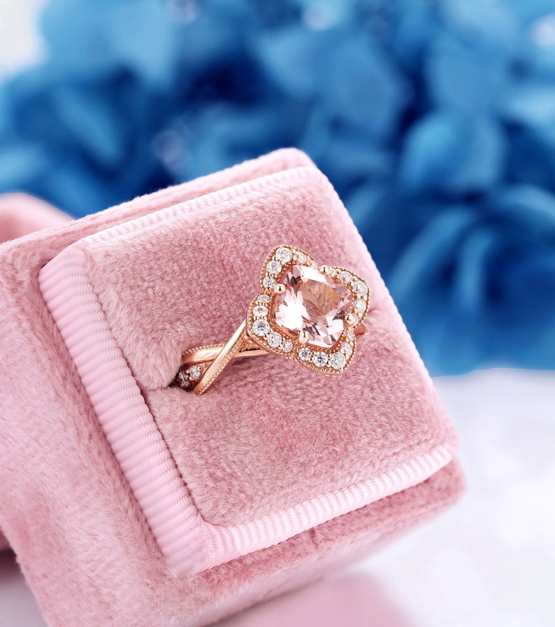 1 CT Cushion Cut Morganite Diamond Rose Gold Over On 925 Sterling Silver Halo Twisted Anniversary Ring