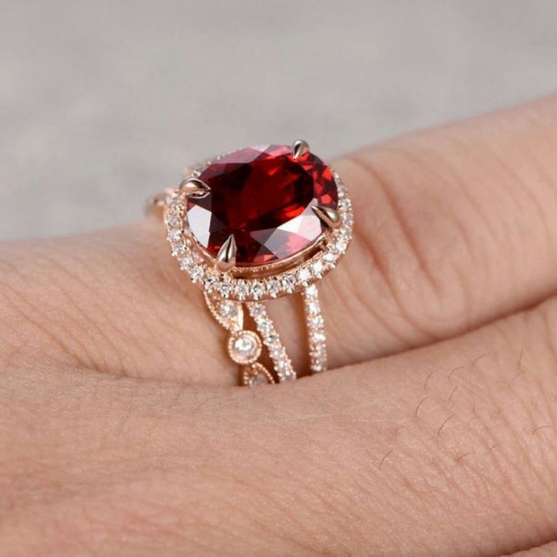 2 CT Oval Cut Ruby Diamond Rose Gold Over On 925 Sterling Silver Halo Wedding Ring Set