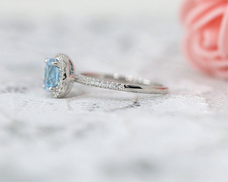 1 CT Round Cut Aquamarine Diamond 925 Sterling Silver Halo Anniversary Ring