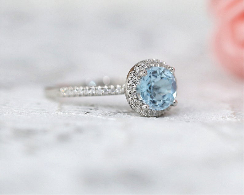 1 CT Round Cut Aquamarine Diamond 925 Sterling Silver Halo Anniversary Ring