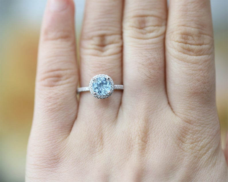 1 Ct Round Cut Aquamarine Diamond 925 Sterling Silver Halo Anniversary Ring