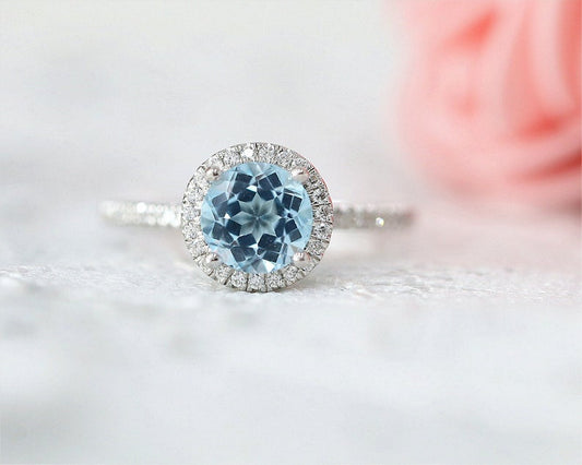 1 CT Round Cut Aquamarine Diamond 925 Sterling Silver Halo Anniversary Ring
