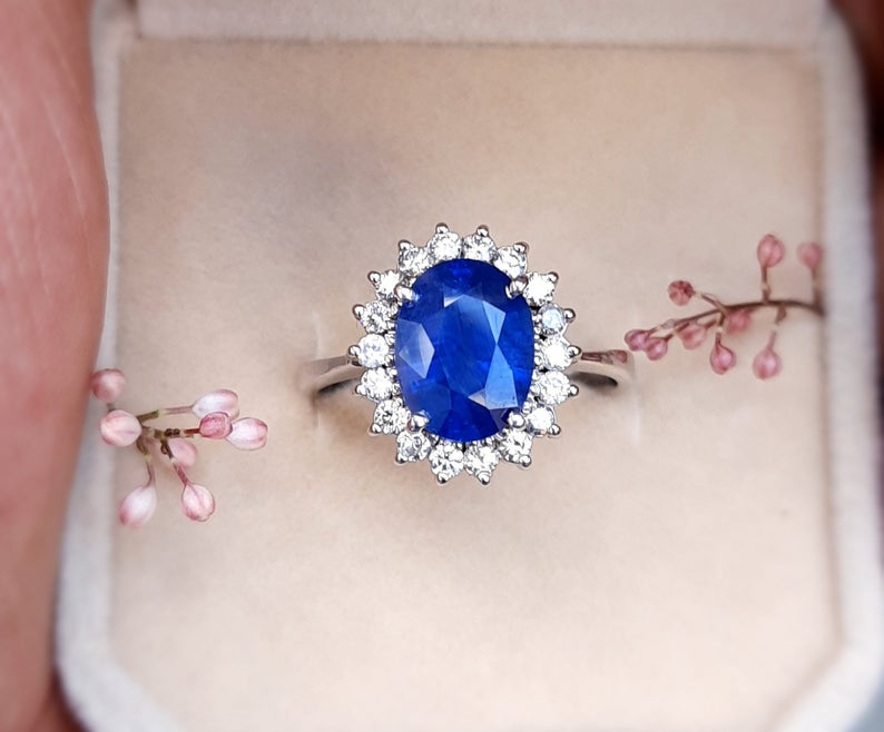 1 CT Oval Cut Blue Sapphire Diamond White Gold Over On 925 Sterling Silver Women Halo Engagement Ring