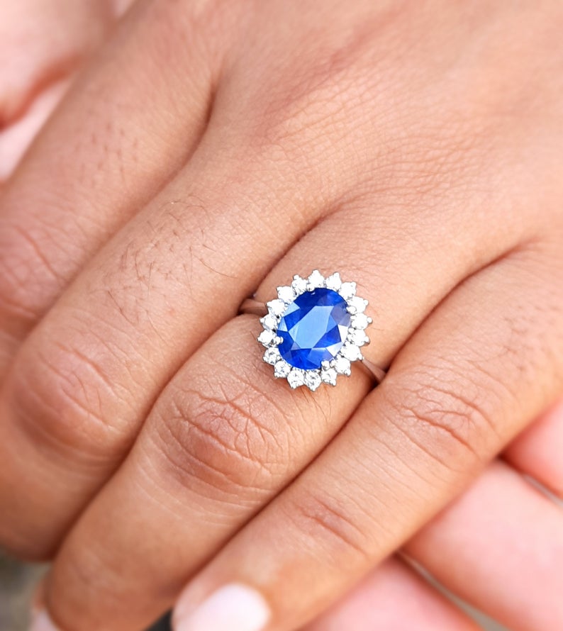 1 CT Oval Cut Blue Sapphire Diamond White Gold Over On 925 Sterling Silver Women Halo Engagement Ring