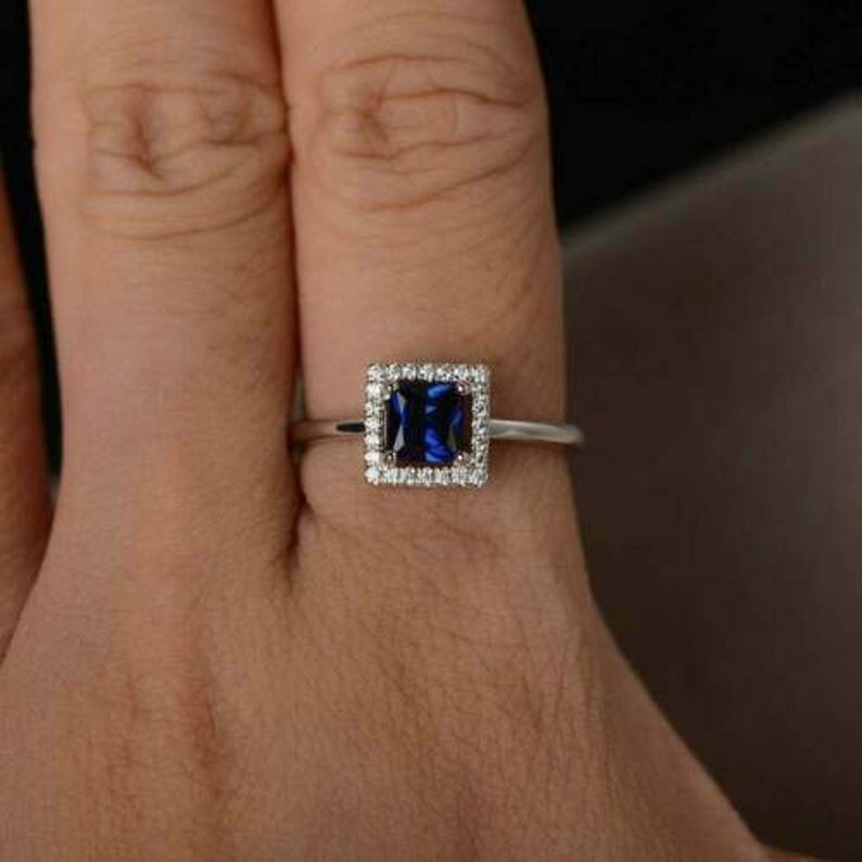 CT Princess Cut Blue Sapphire Diamond 925 Sterling Silver Halo Engagement Ring