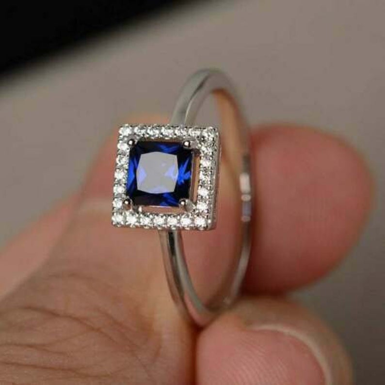2.00 CT Princess Cut Blue Sapphire Diamond 925 Sterling Silver Halo Engagement Ring