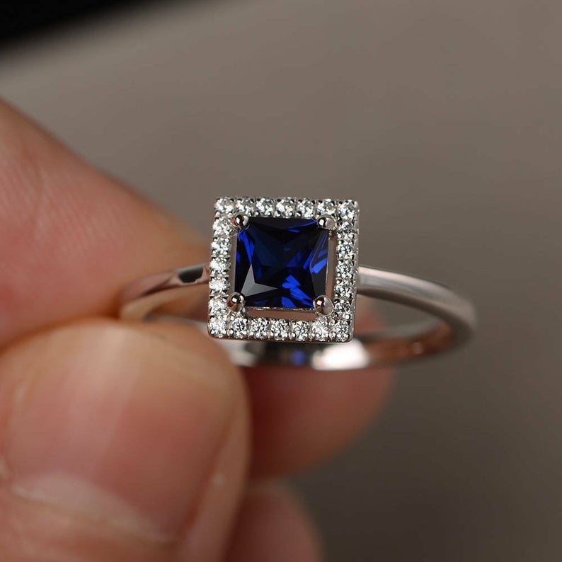CT Princess Cut Blue Sapphire Diamond 925 Sterling Silver Halo Engagement Ring