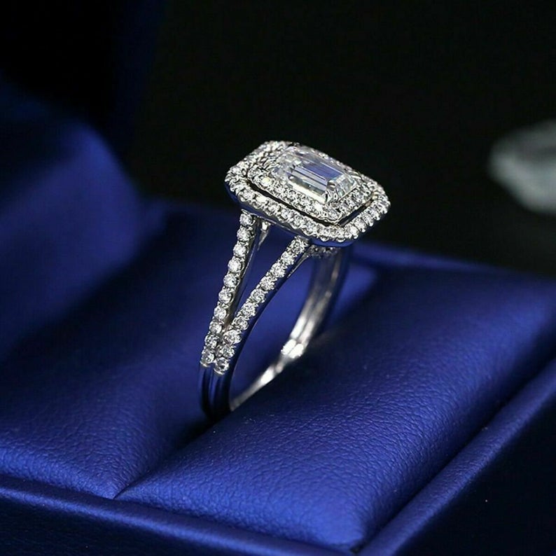 1 CT Emerald Cut Diamond White Gold Over On 925 Sterling Silver Double Halo Ring