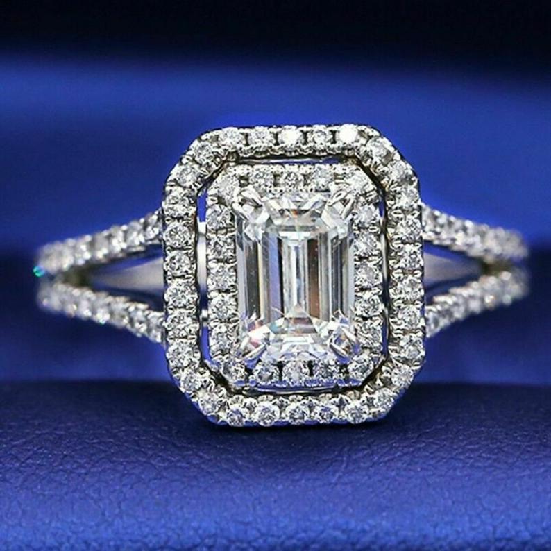 1 CT Emerald Cut Diamond White Gold Over On 925 Sterling Silver Double Halo Ring