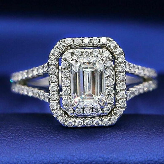 1 CT Emerald Cut Diamond White Gold Over On 925 Sterling Silver Double Halo Ring