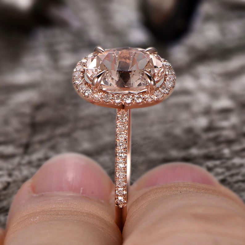 1 CT Oval Cut Morganite Diamond Rose Gold Over On 925 Sterling Silver Halo Engagement Ring