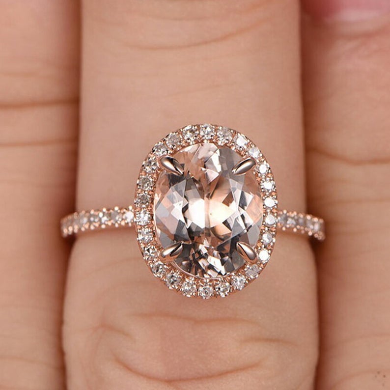 1 CT Oval Cut Morganite Diamond Rose Gold Over On 925 Sterling Silver Halo Engagement Ring
