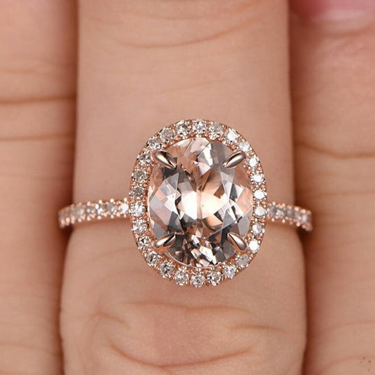 1 CT Oval Cut Morganite Diamond Rose Gold Over On 925 Sterling Silver Halo Engagement Ring