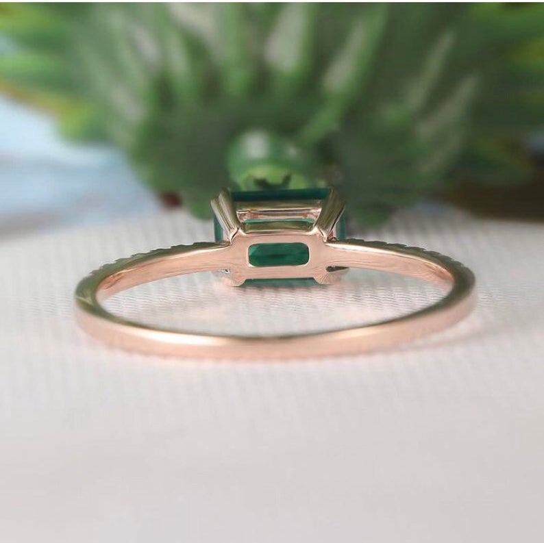 2 CT Emerald Cut Green Emerald Diamond Rose Gold Over On 925 Sterling Silver Solitaire With Accents Ring