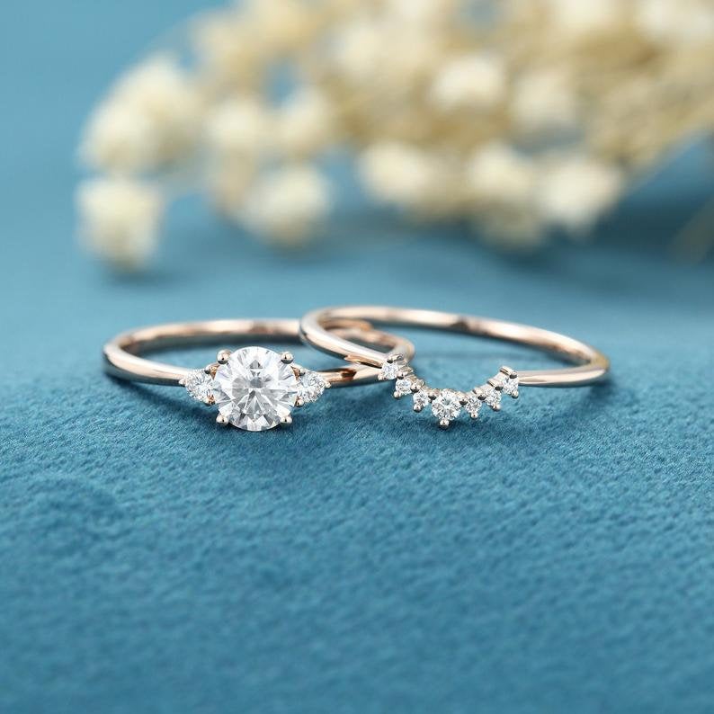 1 CT Round Cut Diamond Rose Gold Over On 925 Sterling Silver Three Stone For Women Curved Wedding Bridal Ring Set - atjewels.in