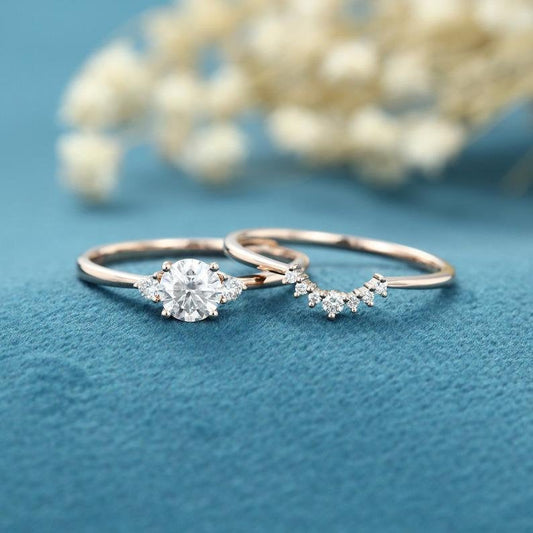 1 CT Round Cut Diamond Rose Gold Over On 925 Sterling Silver Three Stone For Women Curved Wedding Bridal Ring Set - atjewels.in