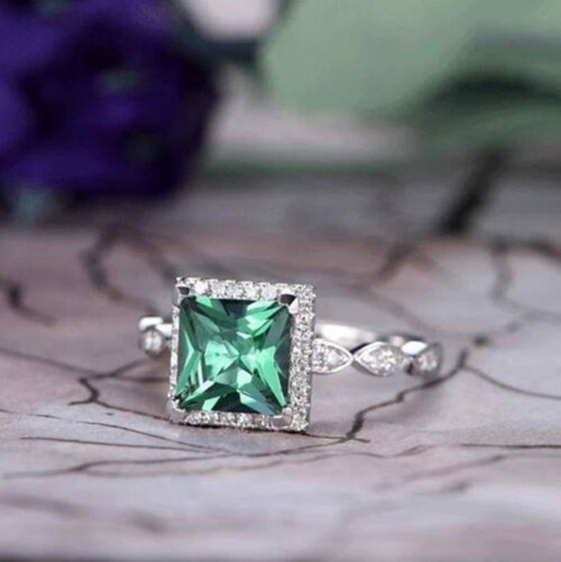 1 CT Princess Cut Green Emerald Diamond 925 Sterling Silver Halo Engagement Ring