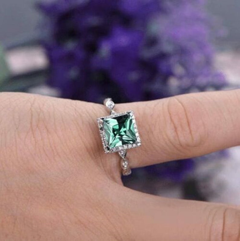 1 CT Princess Cut Green Emerald Diamond 925 Sterling Silver Halo Engagement Ring