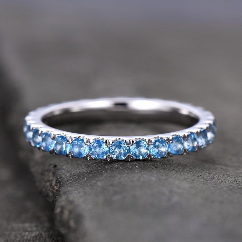 1.20 CT Round Cut Blue Topaz Diamond White Gold Over On 925 Sterling Silver Full Eternity Wedding Band Ring