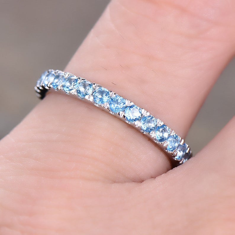 1.20 CT Round Cut Blue Topaz Diamond White Gold Over On 925 Sterling Silver Full Eternity Wedding Band Ring