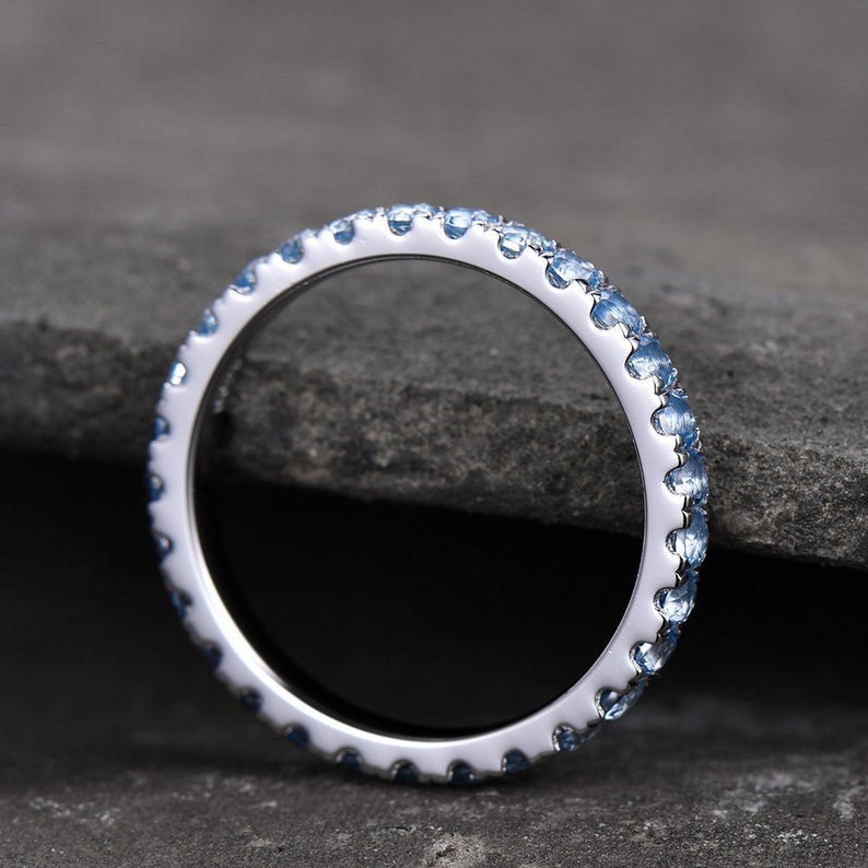 1.20 CT Round Cut Blue Topaz Diamond White Gold Over On 925 Sterling Silver Full Eternity Wedding Band Ring