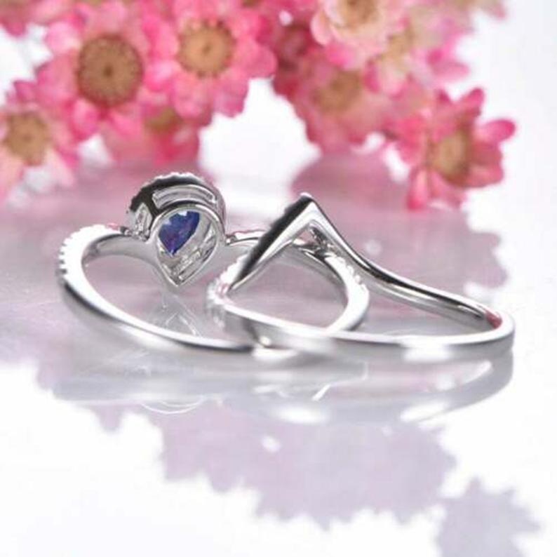 1 CT Pear Cut Blue Sapphire Diamond 925 Sterling Silver Woman's Wedding Bridal Ring Set