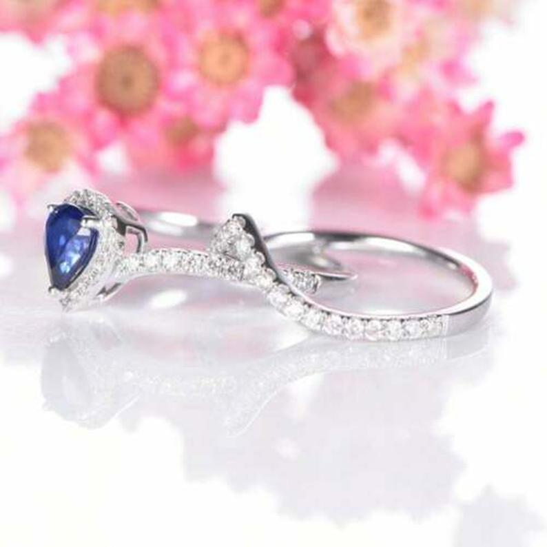 1 CT Pear Cut Blue Sapphire Diamond 925 Sterling Silver Woman's Wedding Bridal Ring Set