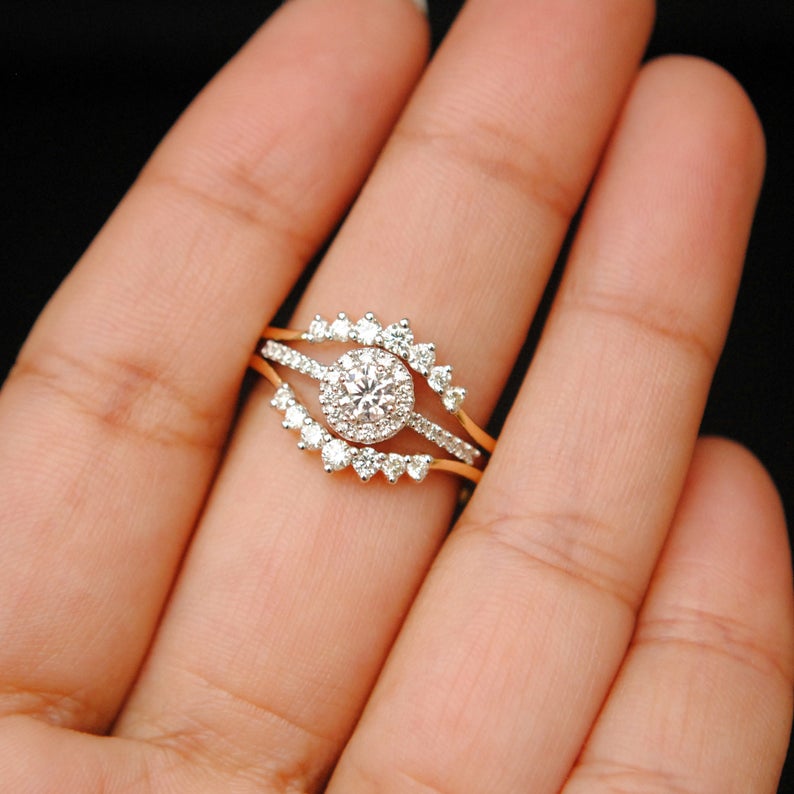 1 CT Round Cut Diamond Three Piece 925 Sterling Silver Halo Engagement Ring Set