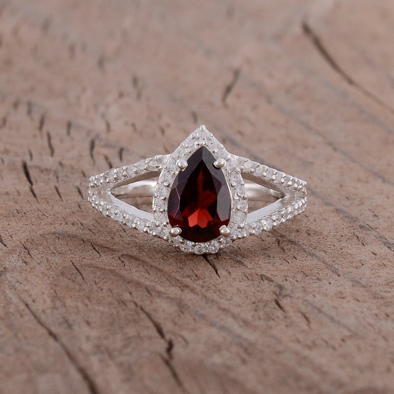 2 CT Pear Cut Garnet Diamond 925 Sterling Silver Women Halo Wedding Ring