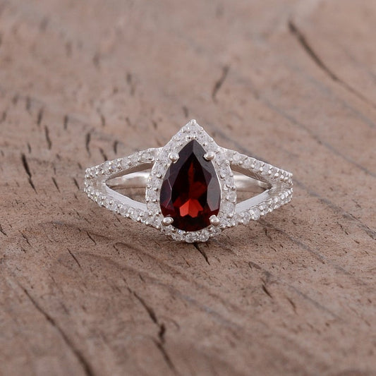 2 CT Pear Cut Garnet Diamond 925 Sterling Silver Women Halo Wedding Ring