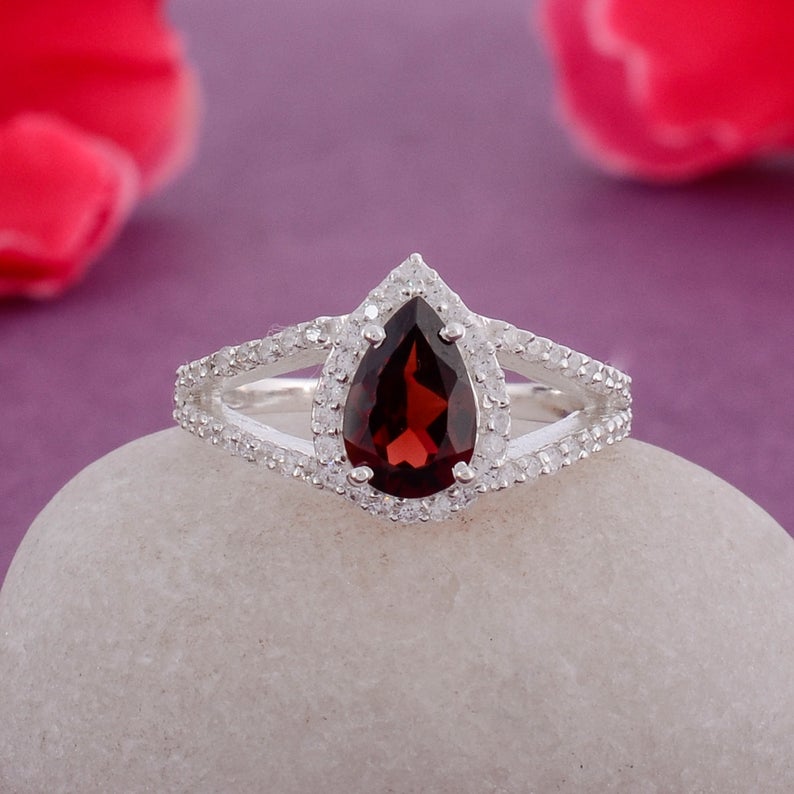 2 CT Pear Cut Garnet Diamond 925 Sterling Silver Women Halo Wedding Ring
