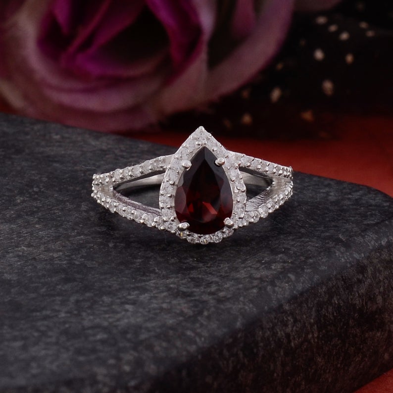 2 CT Pear Cut Garnet Diamond 925 Sterling Silver Women Halo Wedding Ring
