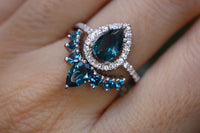 2 CT Pear Cut London Blue Topaz Diamond 925 Sterling Silver Halo Wedding Bridal Ring Set