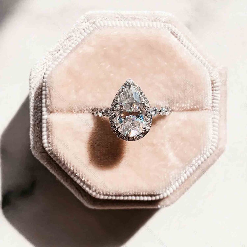 2 CT Pear Cut White Diamond White Gold Over On 925 Sterling Silver Halo Wedding Ring