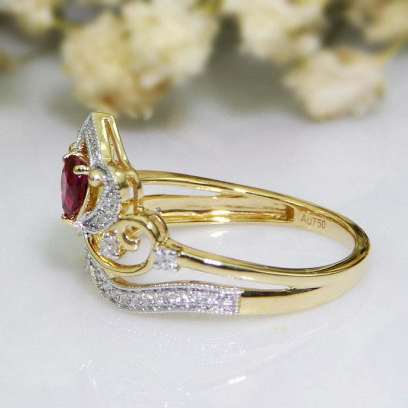 1.75 Ct Pear Cut Red Ruby Yellow Gold Over On 925 Sterling Silver Crown Style Women's Ring