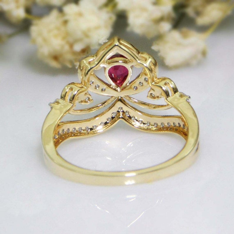 1.75 Ct Pear Cut Red Ruby Yellow Gold Over On 925 Sterling Silver Crown Style Women's Ring