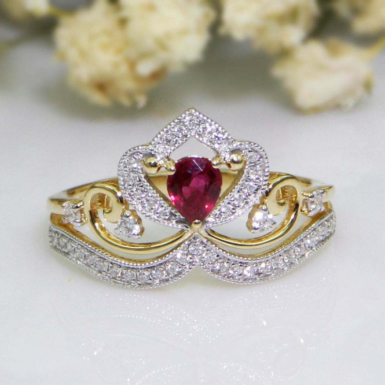 Ct Pear Cut Red Ruby Yellow Gold Over On 925 Sterling Silver Crown Style Women's Ring