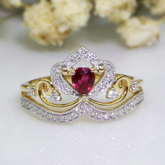 1.75 Ct Pear Cut Red Ruby Yellow Gold Over On 925 Sterling Silver Crown Style Women's Ring