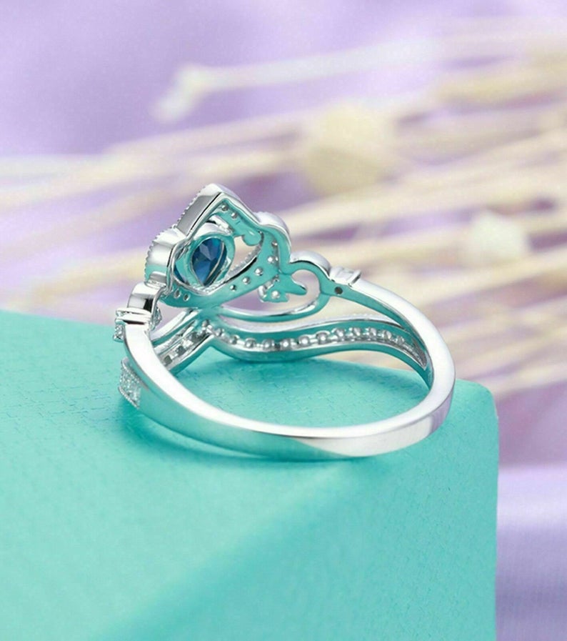 1.75 Ct Pear Cut Blue Sapphire White Gold Over On 925 Sterling Silver Crown Style Engagement Ring