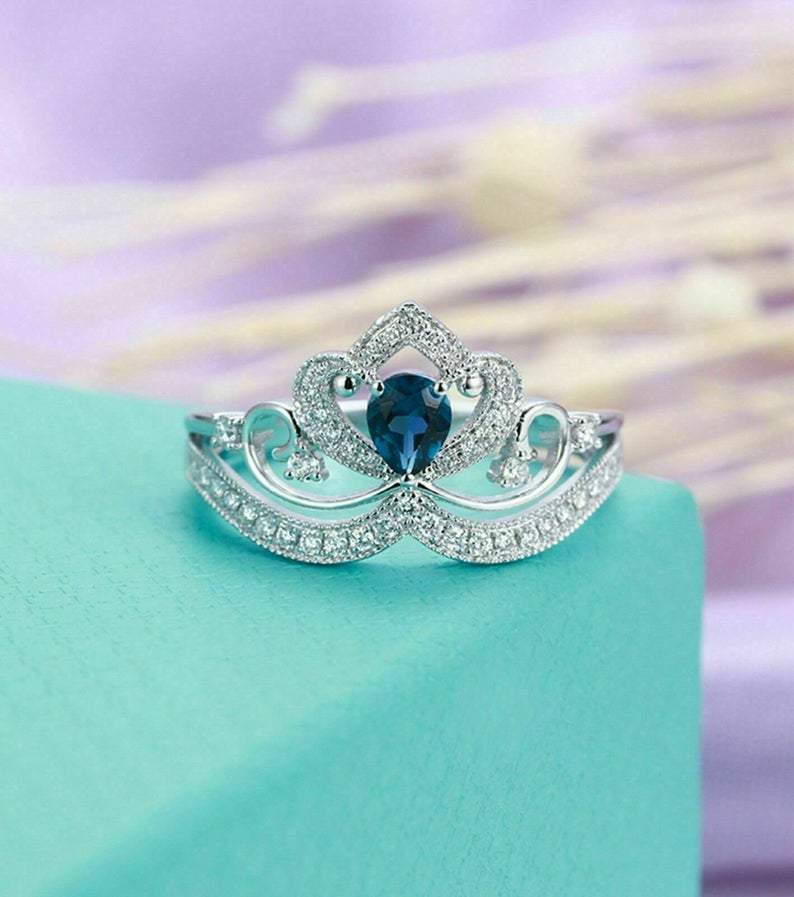 1.75 Ct Pear Cut Blue Sapphire White Gold Over On 925 Sterling Silver Crown Style Engagement Ring