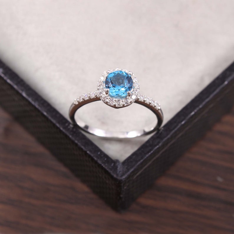 1 CT Round Cut London Blue Topaz Diamond 925 Sterling Silver Halo Wedding Ring