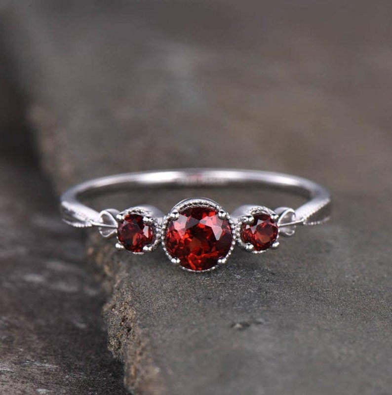 2.20 Ct Round Cut Red Garnet Three-Stone Anniversary Gift Ring In 925 Sterling Silver