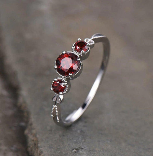 2.20 Ct Round Cut Red Garnet Three-Stone Anniversary Gift Ring In 925 Sterling Silver