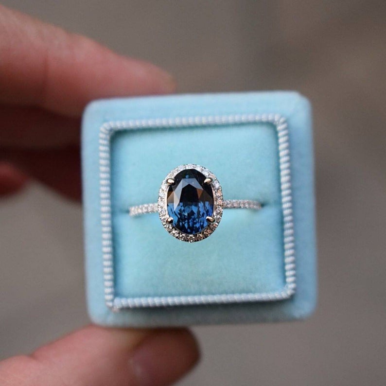 1 CT Oval Cut Blue sapphire Diamond 925 Sterling Silver Halo Anniversary Gift For Her
