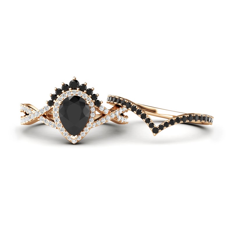 3 CT Pear Cut Black Onyx Diamond 925 Sterling Silver Women Wedding Bridal Set Promise Ring