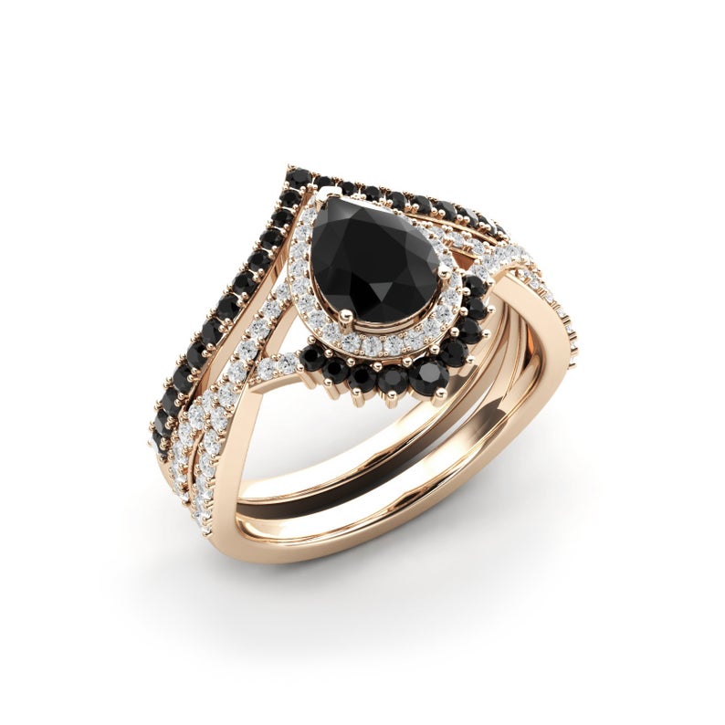 3 CT Pear Cut Black Onyx Diamond 925 Sterling Silver Women Wedding Bridal Set Promise Ring
